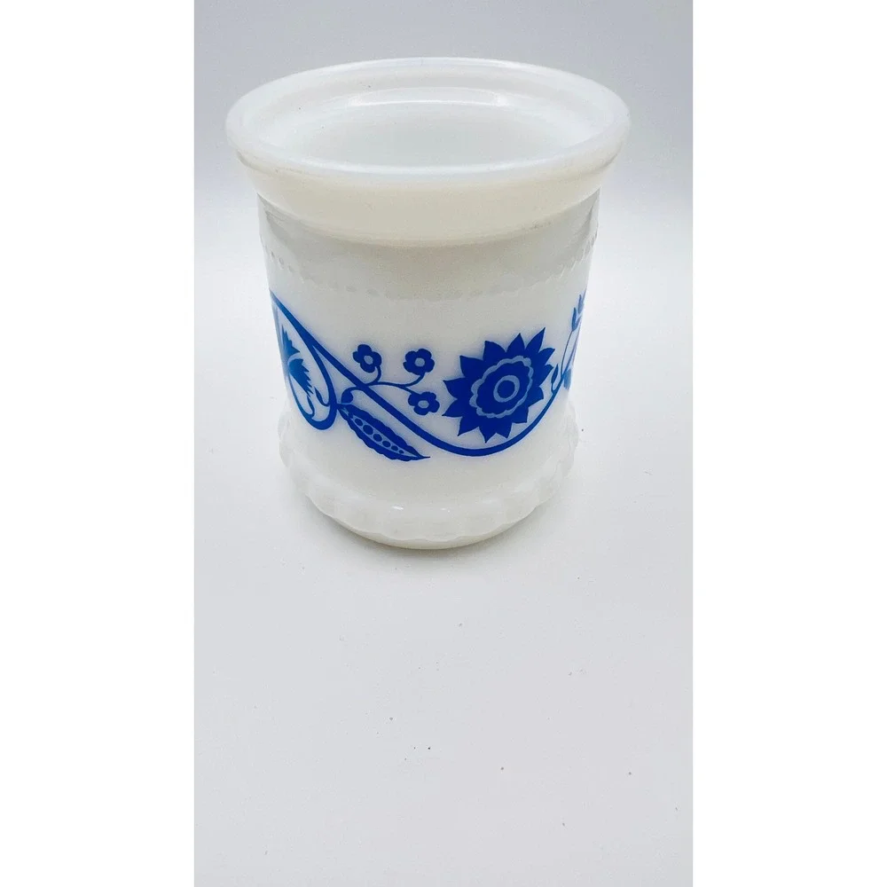Vintage Milk Glass Blue Floral Toothbrush Holder Vanity Jar Scalloped Base
